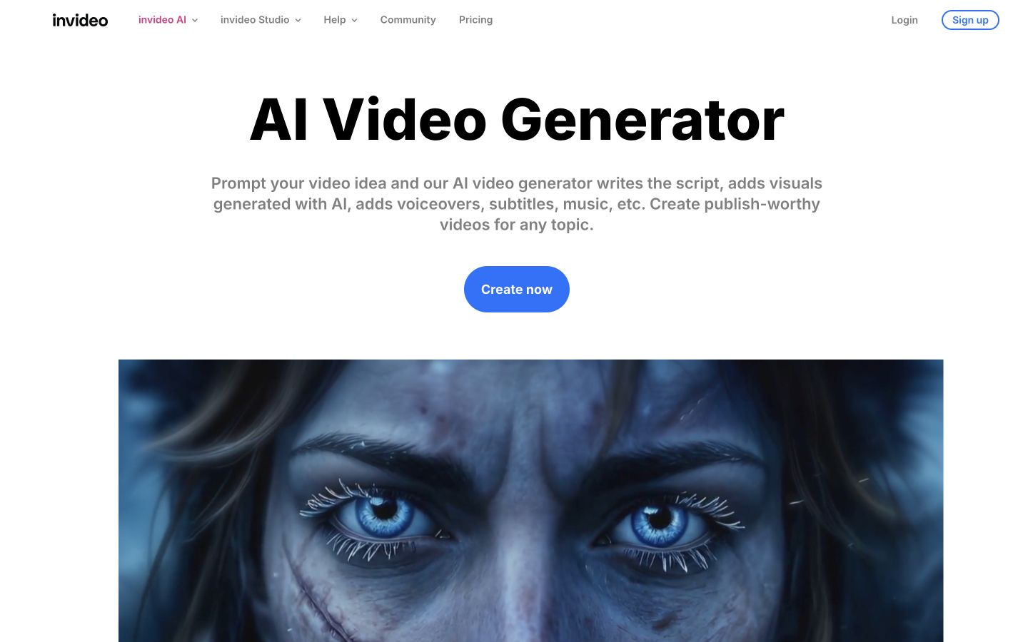 Invideo AI Video Generator page with navigation, product proposition, and rendered visual.