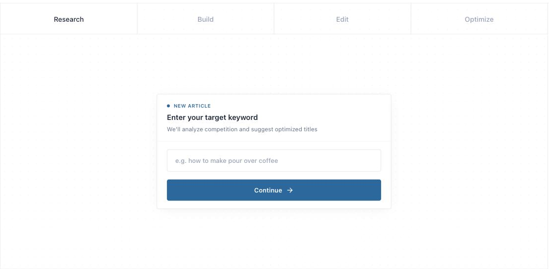 Byword homepage demo panel with tabs for Research, Build, Edit and Optimize, the Research tab active, and a New Article card prompting 'Enter your target keyword' with an example placeholder and a Continue button.