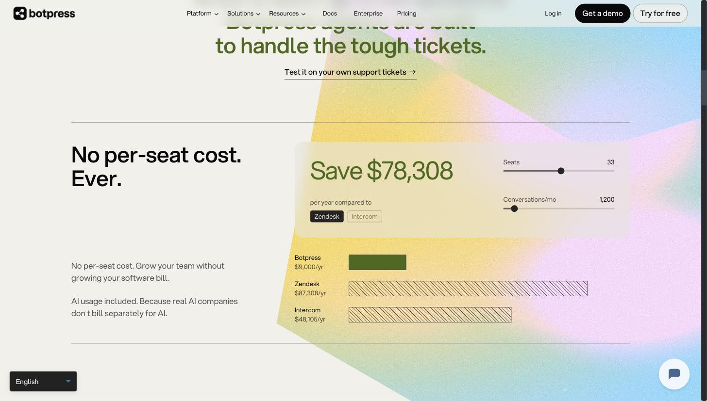 Botpress interactive cost-comparison calculator: Seats and Conversations/mo sliders driving an annual-cost bar comparison of Botpress vs Zendesk vs Intercom ('Save $X per year').