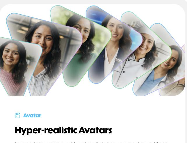 HeyGen's 'Hyper-realistic Avatars' feature card showing an overlapping fan of AI avatar portraits - presenters in a sweater, business shirt, lab coat and medical scrubs - above the heading 'Hyper-realistic Avatars' and text describing realistic lip-syncing and natural facial expressions.