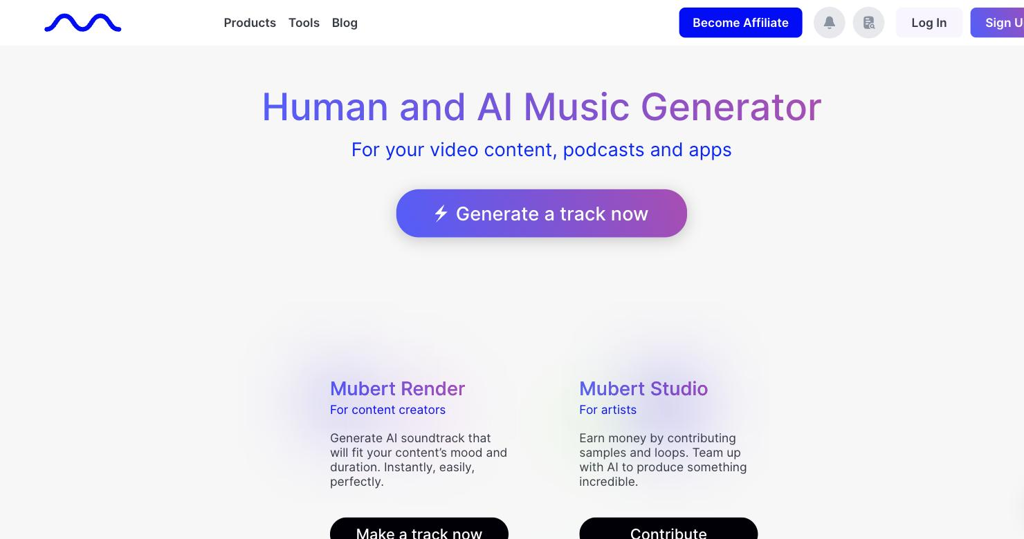 Mubert homepage showing the headline 'Human and AI Music Generator - For your video content, podcasts and apps', a 'Generate a track now' button, and product cards for Mubert Render (for content creators) and Mubert Studio (for artists)