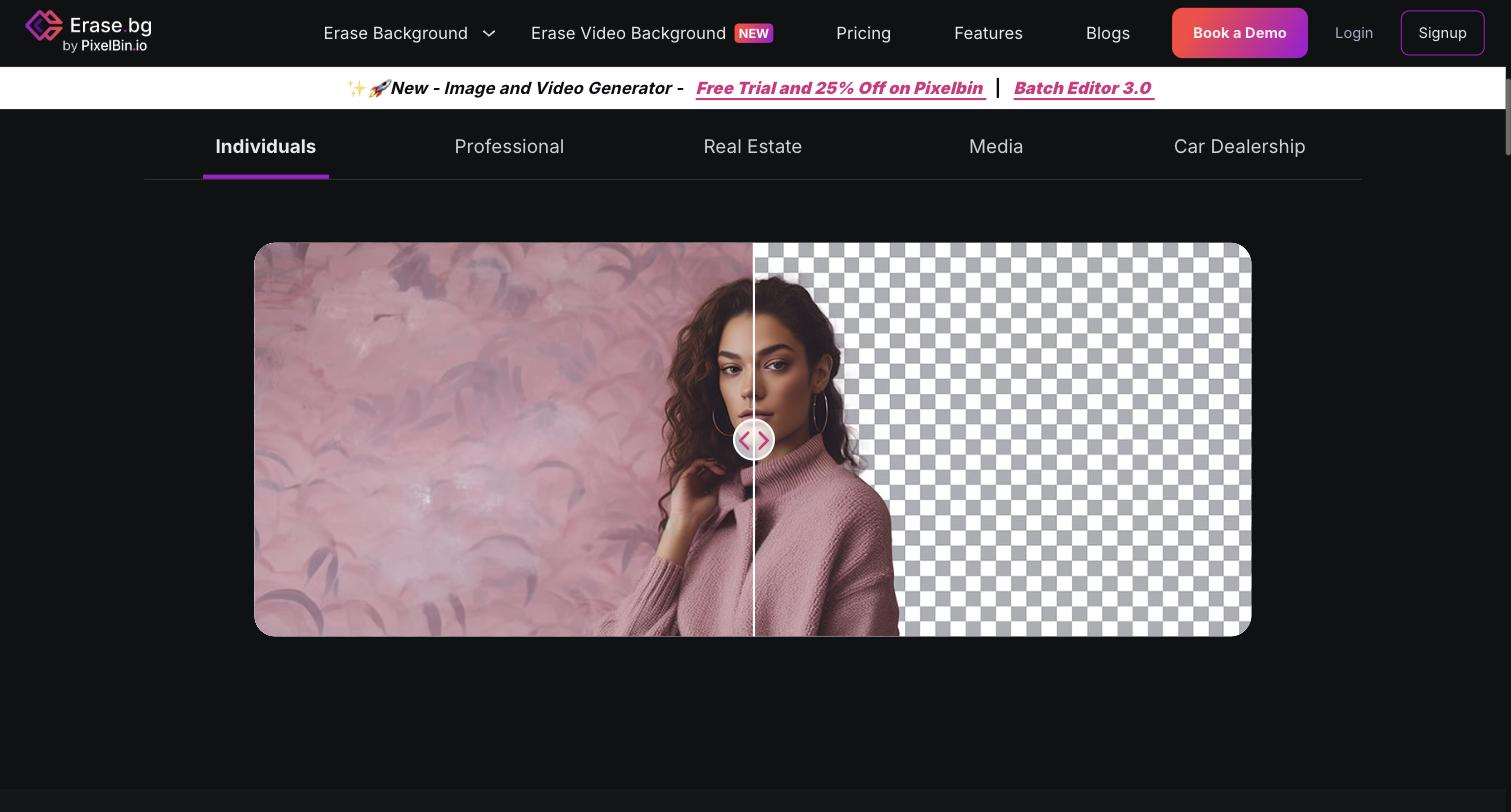 Erase.bg before/after slider on the Individuals tab: the left half shows a portrait against a pink floral backdrop and the right half shows the same subject cut out against a transparency checkerboard, with hair strands and an earring retained along the edge.