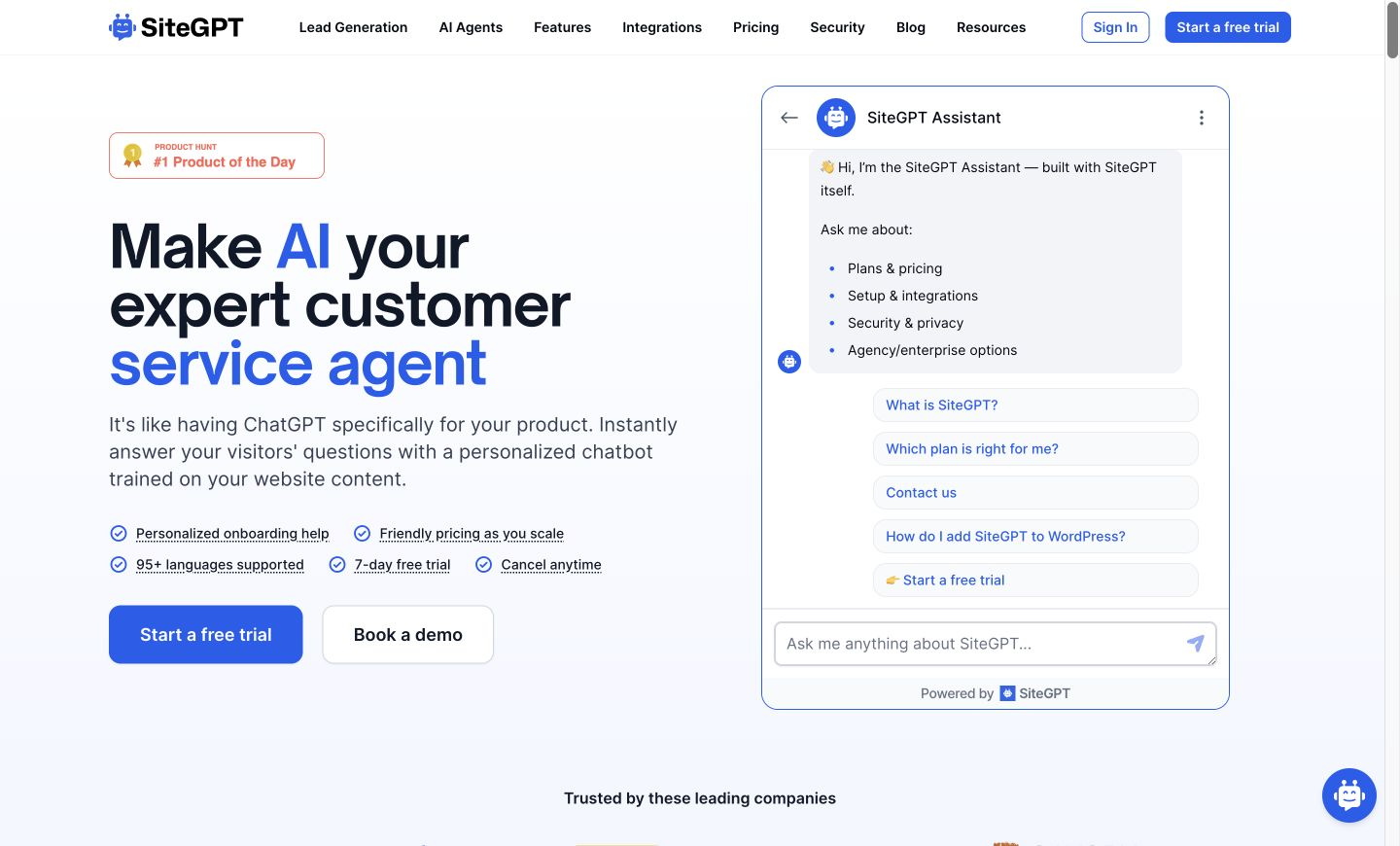 SiteGPT official product page showing the vendor identity, navigation, and main product proposition.