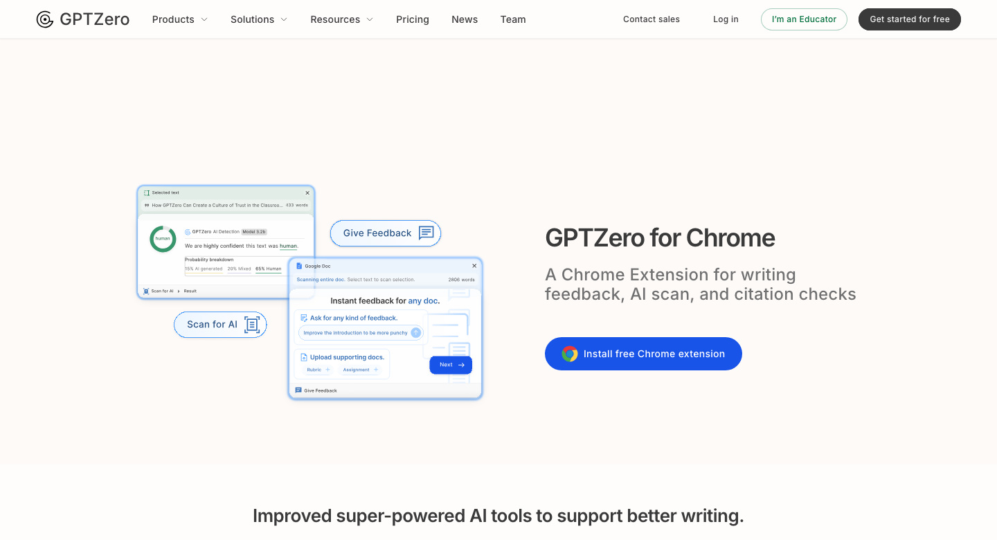 GPTZero for Chrome feature page showing overlapping mockup screenshots of the browser extension, including a text-selection feedback panel and a Google Docs scanning panel, alongside an 'Install free Chrome extension' button.