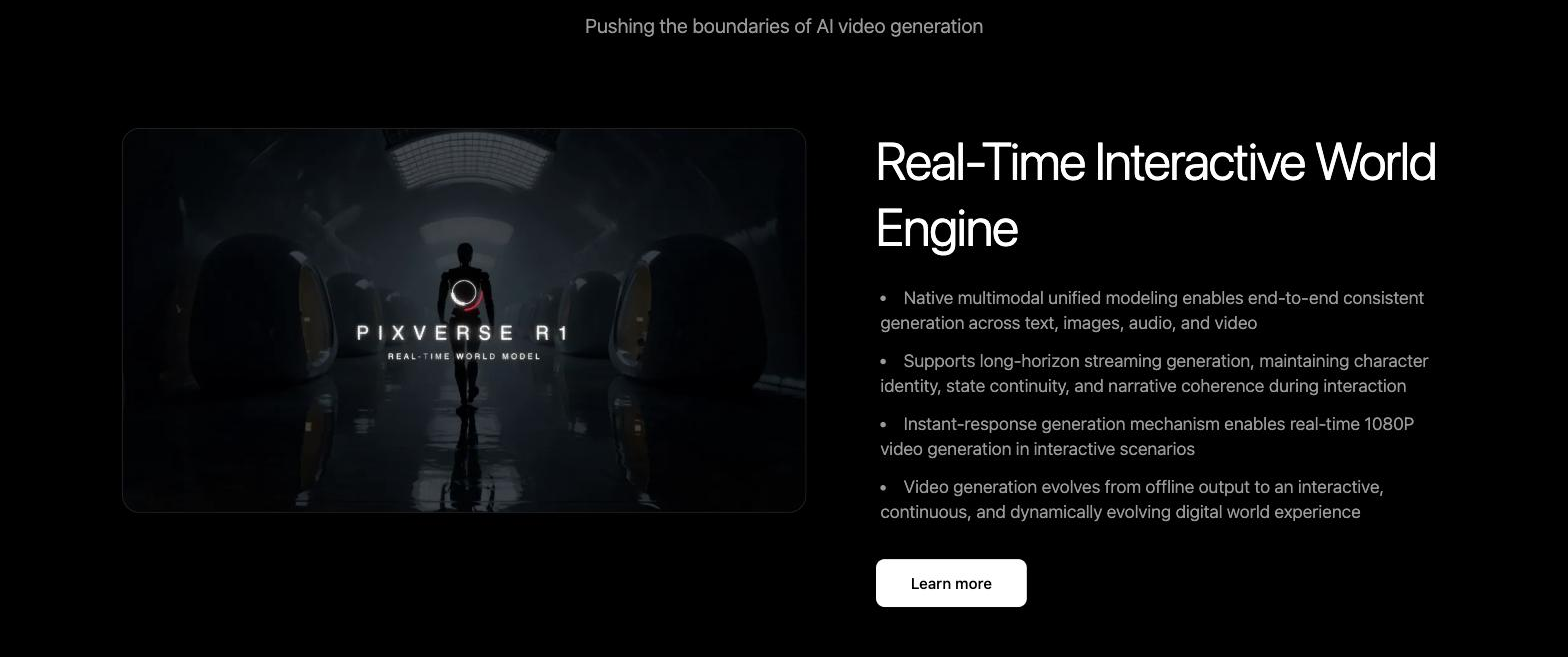 PixVerse homepage feature section 'Real-Time Interactive World Engine' showing a PixVerse R1 'Real-Time World Model' key visual on the left and bullet points describing multimodal generation across text, images, audio and video, long-horizon streaming, and real-time 1080P video generation