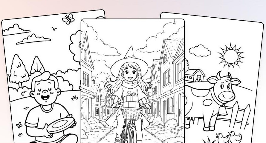 Three generated ColorBliss coloring pages fanned out: a child holding a frisbee in a park, a girl cycling through a village street carrying a gift, and a cow beside a barn with ducks and a sun.