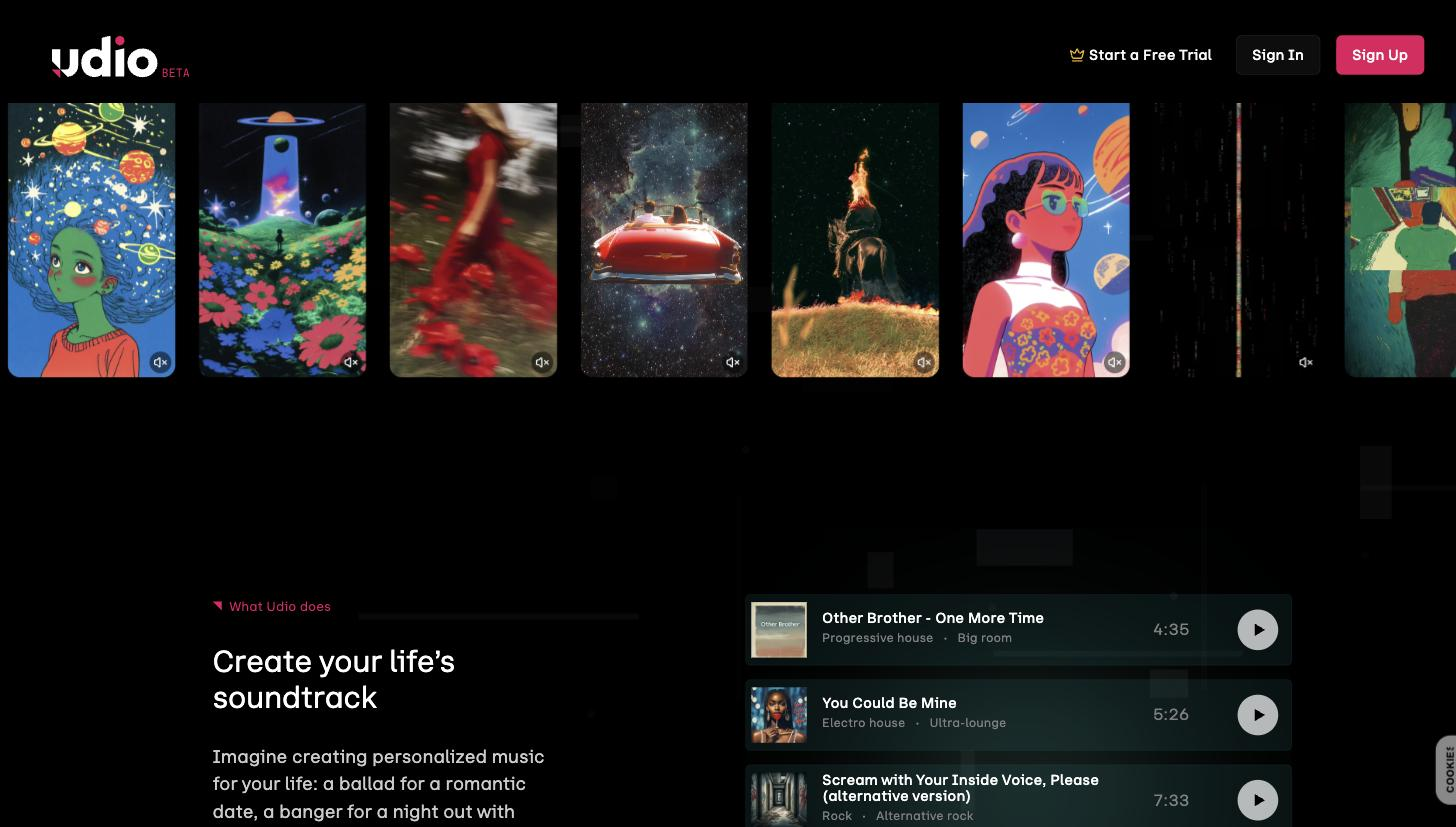 'Create your life's soundtrack' feature section showing a horizontal album-art carousel (AI-generated song cover art) above a track list with song titles, genres, and durations (e.g. 'Other Brother - One More Time', 'You Could Be Mine').