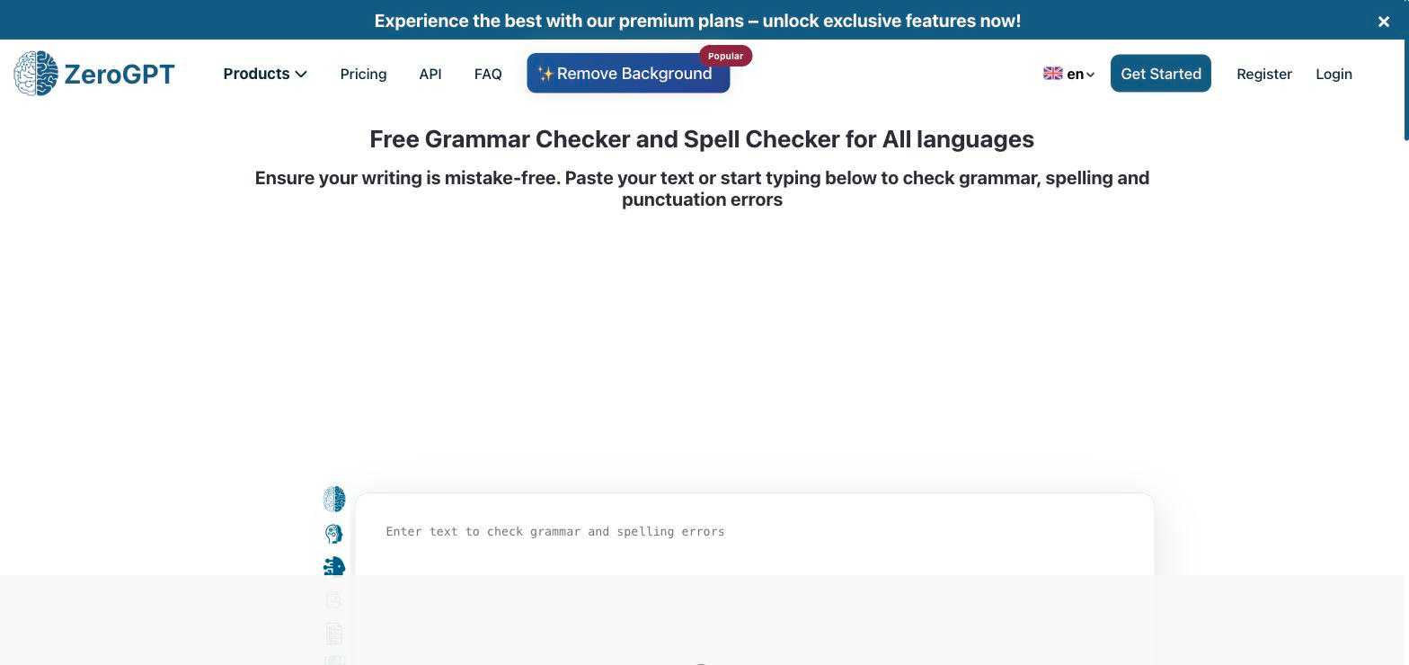 ZeroGPT Grammar Checker page with heading 'Free Grammar Checker and Spell Checker for All languages' and an empty text input box labeled 'Enter text to check grammar and spelling errors'.