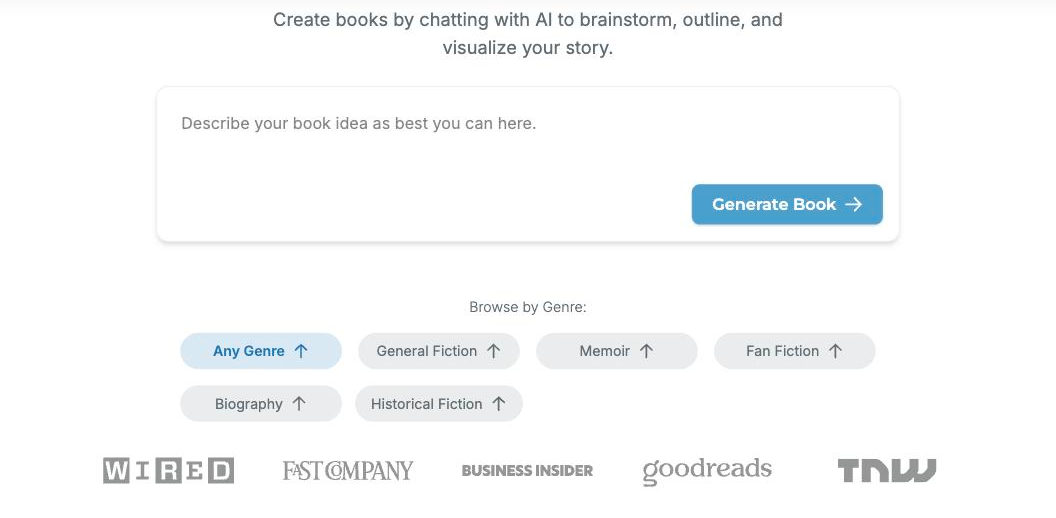 Squibler AI Book Writer tool showing a 'Describe your book idea as best you can here' input box with a 'Generate Book' button, above genre chips for Any Genre, General Fiction, Memoir, Fan Fiction, Biography and Historical Fiction.