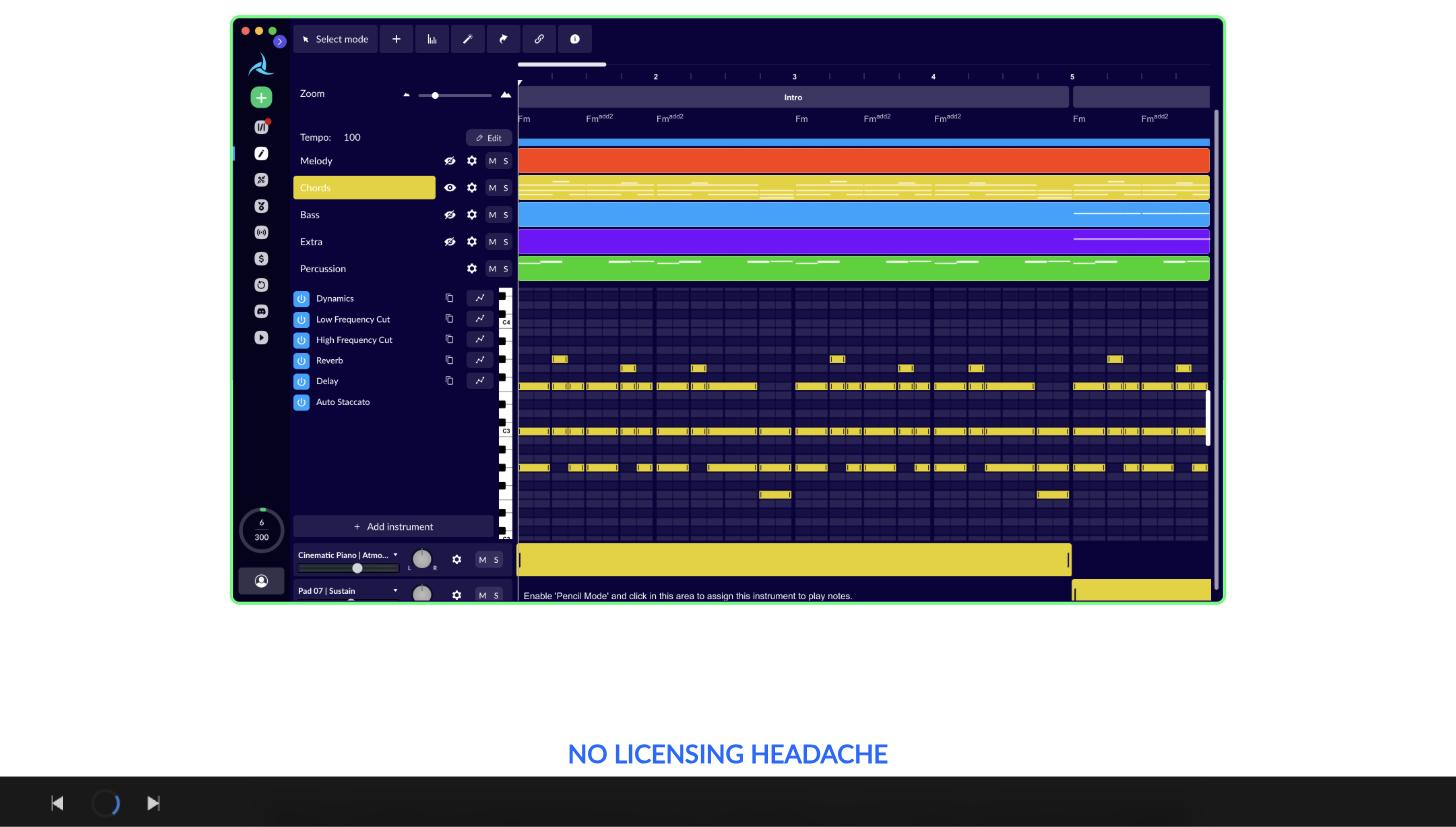 AIVA multi-track music composition Editor: Melody/Chords/Bass/Extra/Percussion track lanes, piano-roll note grid, tempo control, and audio effects (Dynamics, Reverb, Delay).