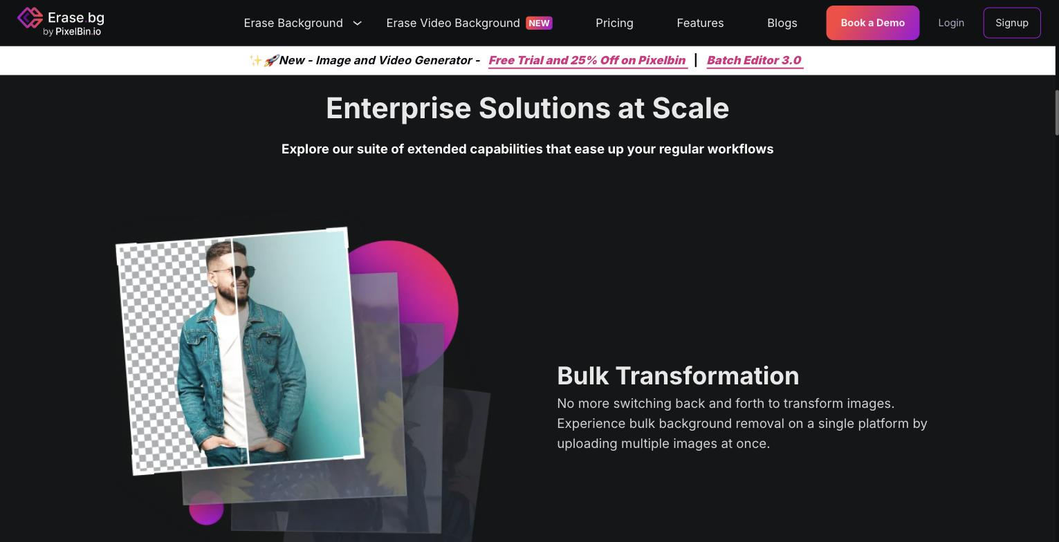 Erase.bg contextual homepage overview: full nav header (Erase Background, Erase Video Background, Pricing, Features, Blogs, Book a Demo, Login, Signup) and product identity (Erase.bg by PixelBin.io logo) above an "Enterprise Solutions at Scale" section showing a rotated before/after clothing-transparency graphic plus Bulk Transformation and API Integration capability descriptions.