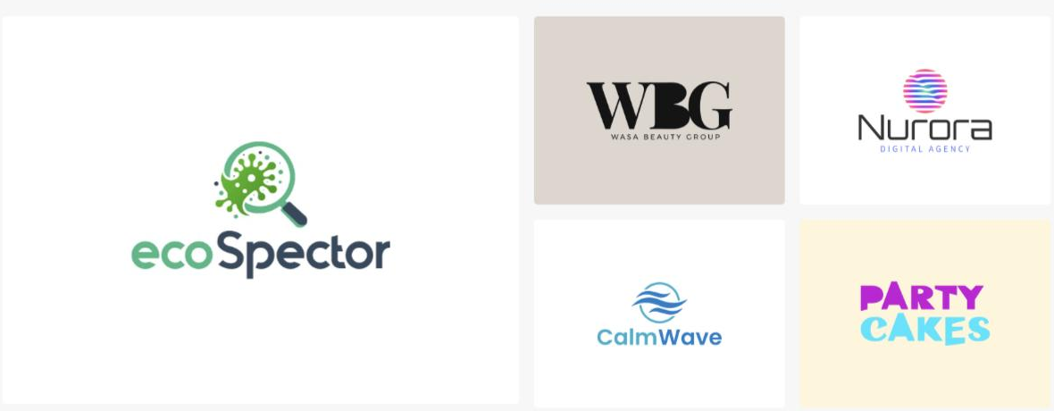 A grid of LogoAI-generated brand logos including 'ecoSpector' (a green microbe inside a magnifying glass), 'WBG - Wasa Beauty Group', 'Nurora Digital Agency' with a striped sphere mark, 'CalmWave' with a wave motif, and a playful 'PARTY CAKES' wordmark.
