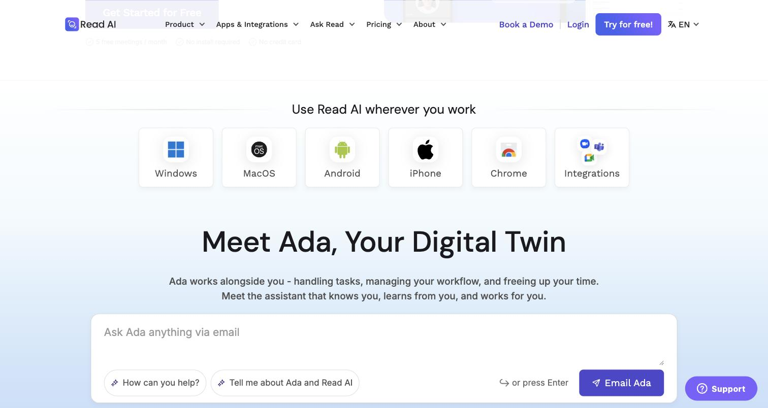 Read AI public homepage: 'Use Read AI wherever you work' platform-availability grid (Windows, MacOS, Android, iPhone, Chrome, Integrations icons) above the 'Meet Ada, Your Digital Twin' section showing the 'Ask Ada anything via email' text-input assistant widget with suggested-prompt chips and an 'Email Ada' button.
