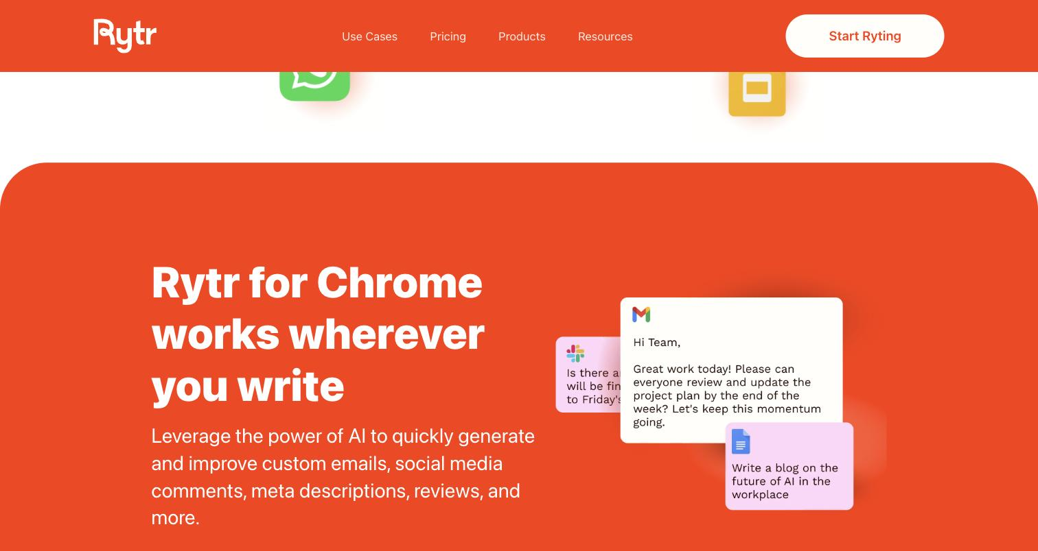 Rytr public 'Browser Extension' product page, 'Rytr for Chrome works wherever you write' section: floating app-context bubbles (Gmail email draft 'Hi Team, Great work today...', Slack message, Google Docs blog-topic prompt 'Write a blog on the future of AI in the workplace') illustrating the extension working across apps.