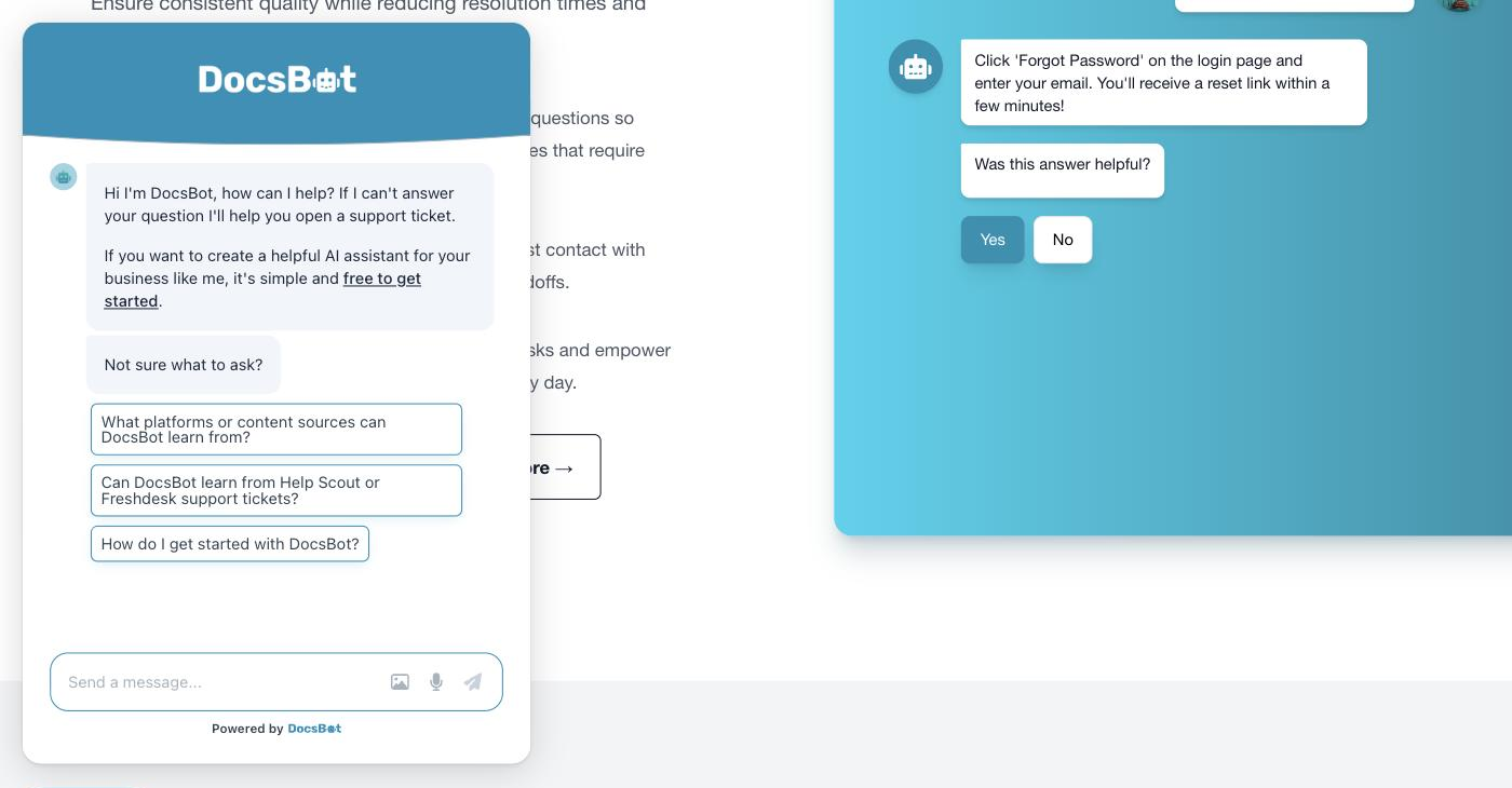 A live DocsBot agent panel open on docsbot.ai, greeting the visitor and offering to open a support ticket, with a 'Not sure what to ask?' prompt listing three suggested questions about content sources, Help Scout and Freshdesk tickets, and getting started, above a message box with image and voice input controls; the vendor's own support-workflow illustration sits alongside it.