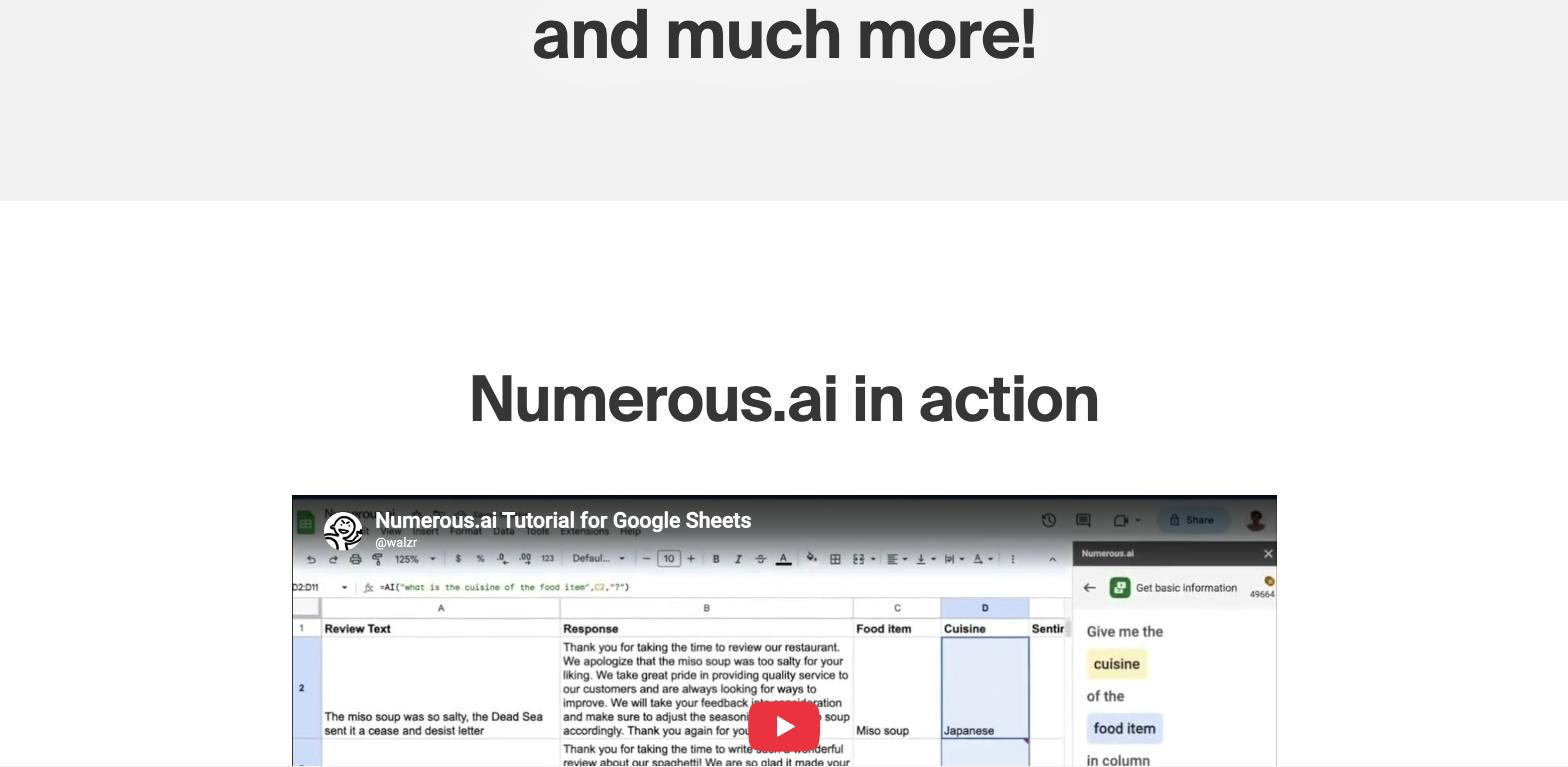 Screenshot of a Numerous.ai marketing page section headed 'Numerous.ai in action' showing an embedded video thumbnail titled 'Numerous.ai Tutorial for Google Sheets' depicting a Google Sheets spreadsheet with the Numerous.ai sidebar panel open.