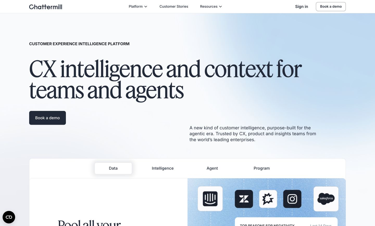 Chattermill homepage with its logo and navigation above the headline 'CX intelligence and context for teams and agents' and a customer-data platform preview.