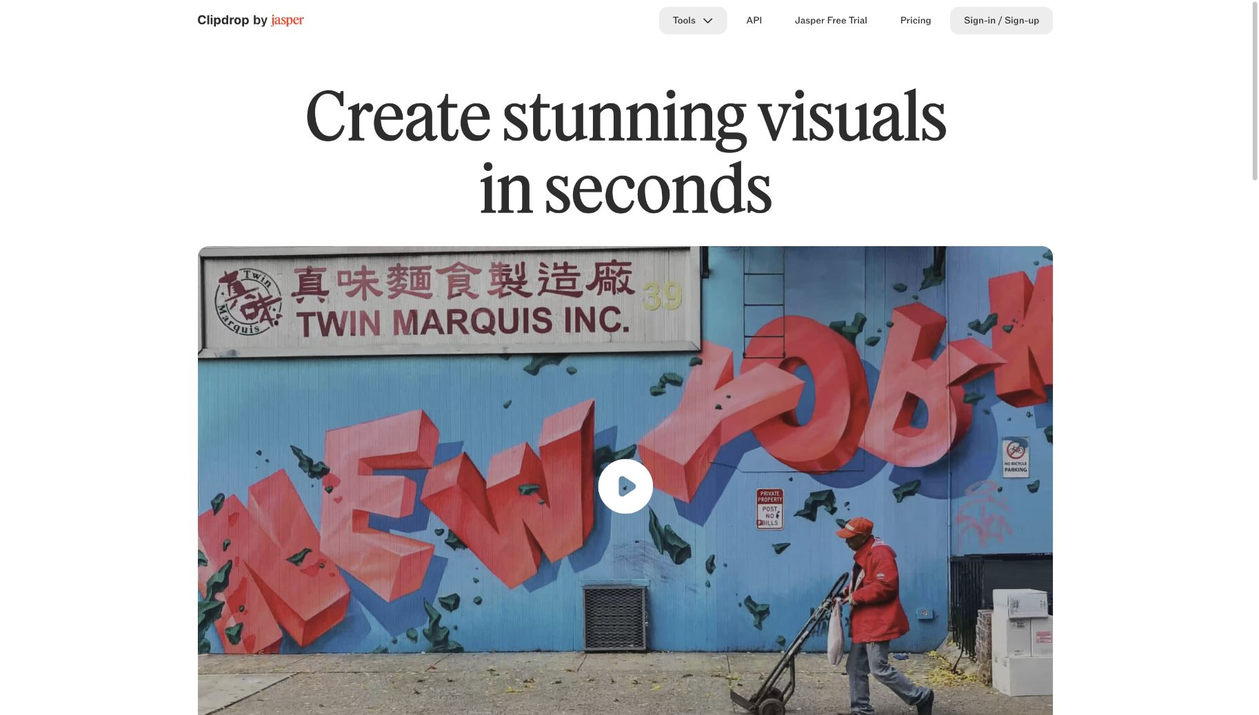 Clipdrop by Jasper homepage with navigation above the headline 'Create stunning visuals in seconds' and a fully loaded product demo visual.