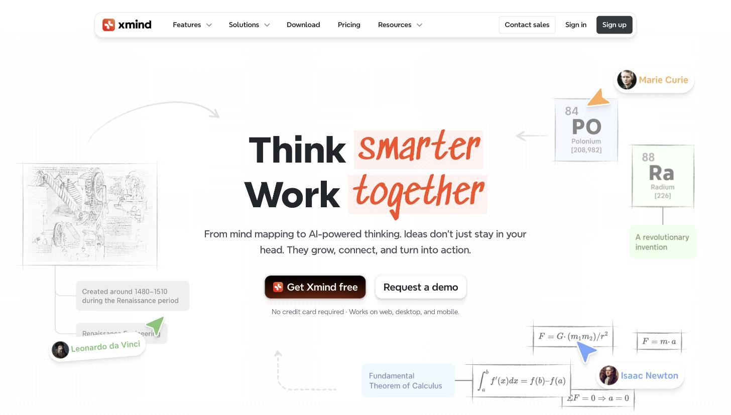 Xmind homepage hero styled as a mind map: a central 'Think smarter, Work together' node branches out to connected topic nodes including a Leonardo da Vinci sketch, Marie Curie with Polonium and Radium element cards, and an Isaac Newton branch of physics formulas.
