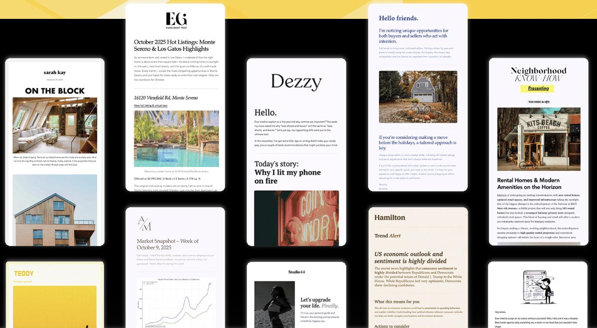 A Hoppy Copy showcase of AI-written email newsletters, including an 'On the Block' real-estate update, an Evan Gant Team listings email, a 'Dezzy' story email, a 'Hello friends' buyer and seller note, a 'Hamilton' economic-outlook alert and a 'Neighborhood Know-How' newsletter.