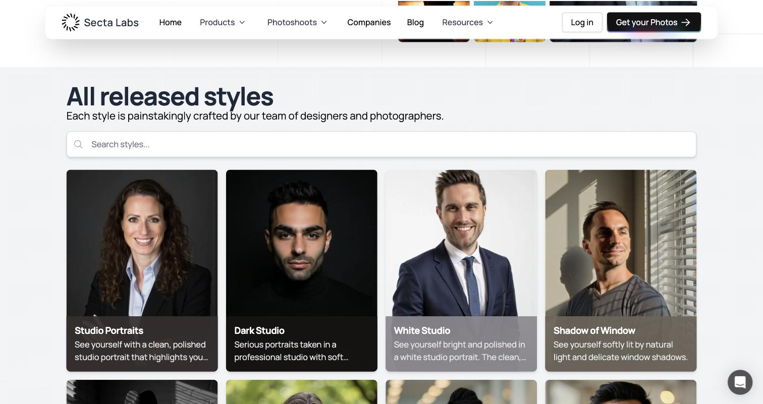 Secta Labs 'Custom Styles' page ('All released styles' section): a searchable grid of headshot style thumbnails (Studio Portraits, Dark Studio, White Studio, Shadow of Window) each with a name and short description.