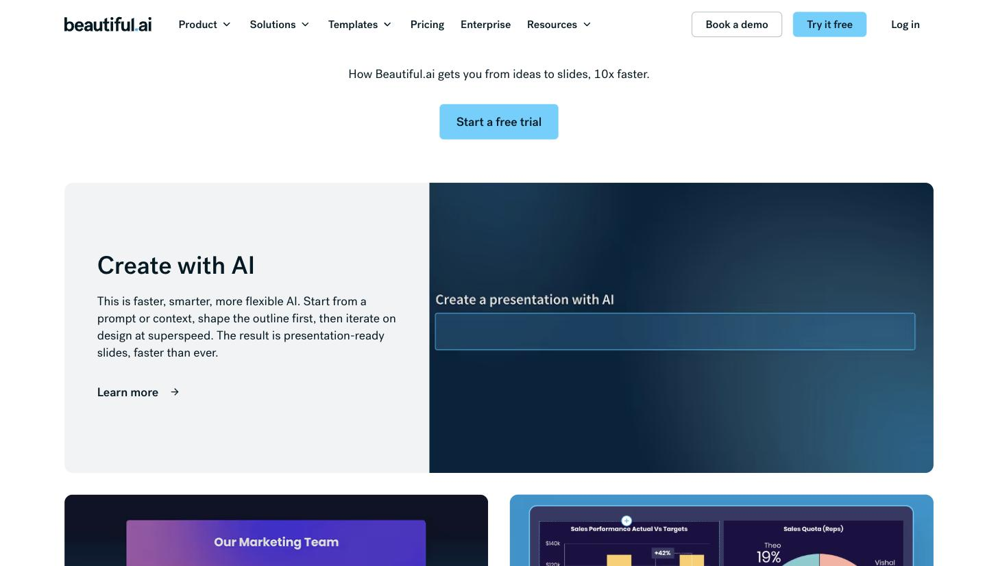 Beautiful.ai 'Create with AI' feature: 'Create a presentation with AI' prompt-input product-UI panel demonstrating the AI generation flow (prompt -> outline -> slides).