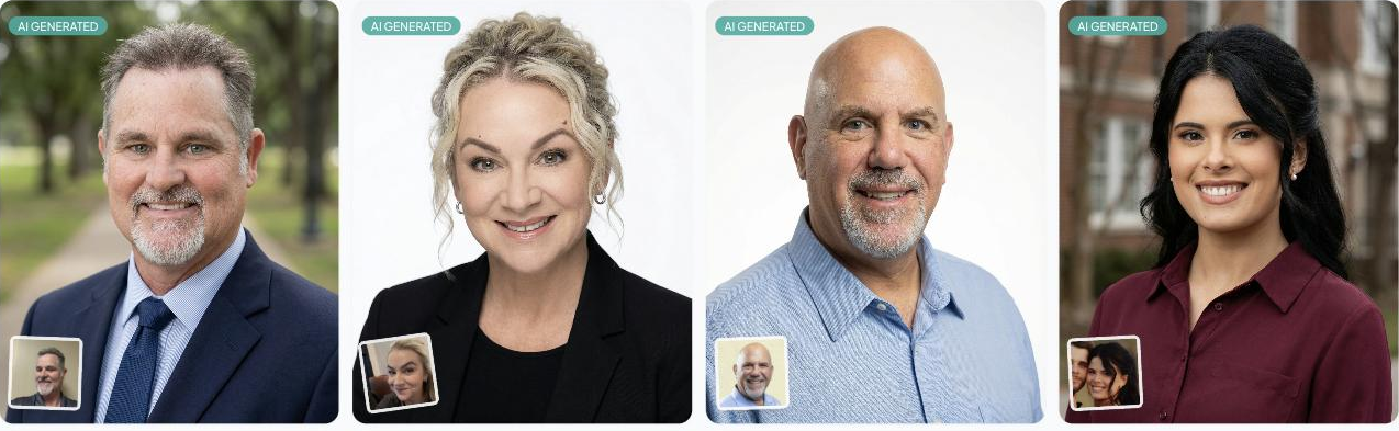 Four HeadshotPro AI-generated professional headshots, each tagged 'AI GENERATED', showing subjects in business attire against office, studio and campus backgrounds; each card carries a small inset thumbnail of the casual source selfie the headshot was generated from.