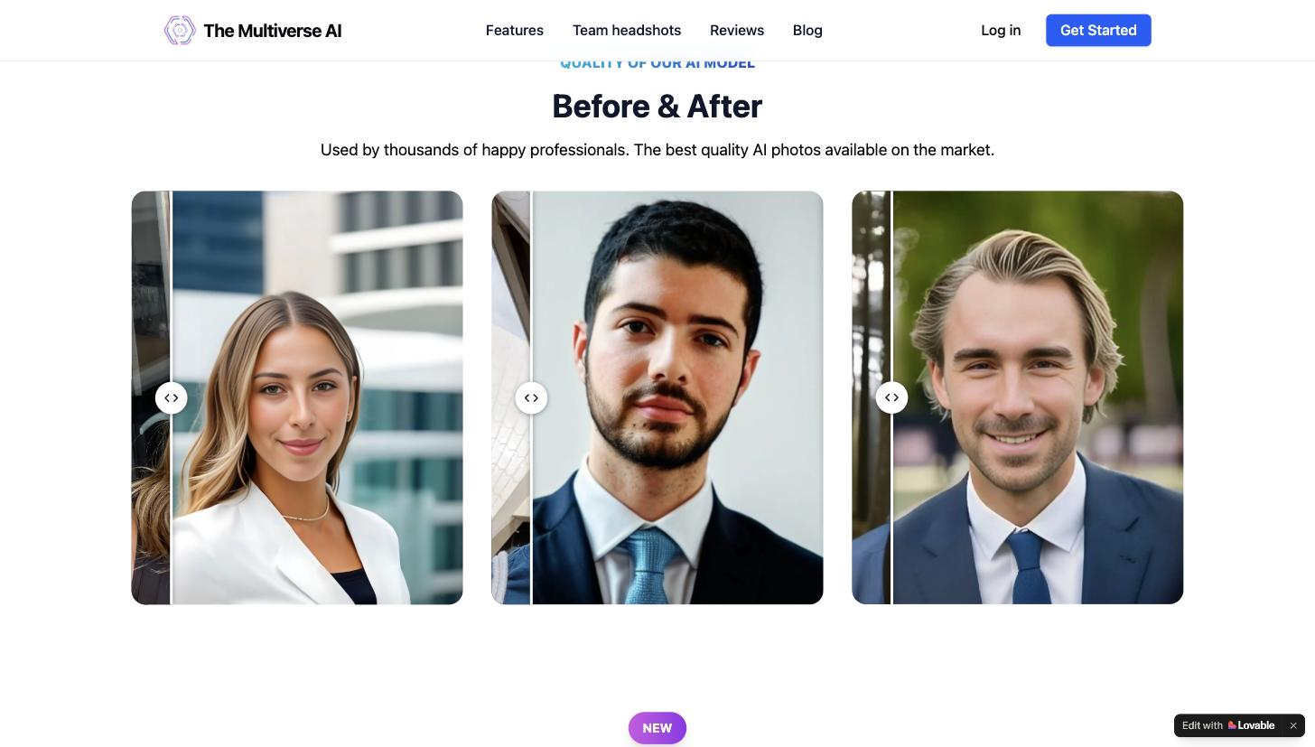 The Multiverse AI public homepage 'Before & After' section: three interactive before/after slider comparisons, each pairing a casual selfie with a generated professional headshot (blazer/suit, studio or office background), under the heading 'Used by thousands of happy professionals.'.