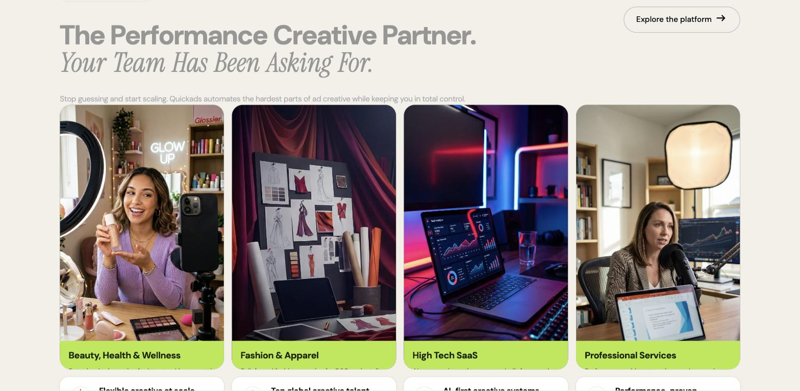 Quickads homepage section titled 'The Performance Creative Partner' showing four industry-vertical cards (Beauty Health & Wellness, Fashion & Apparel, High Tech SaaS, Professional Services) each with a representative photo.
