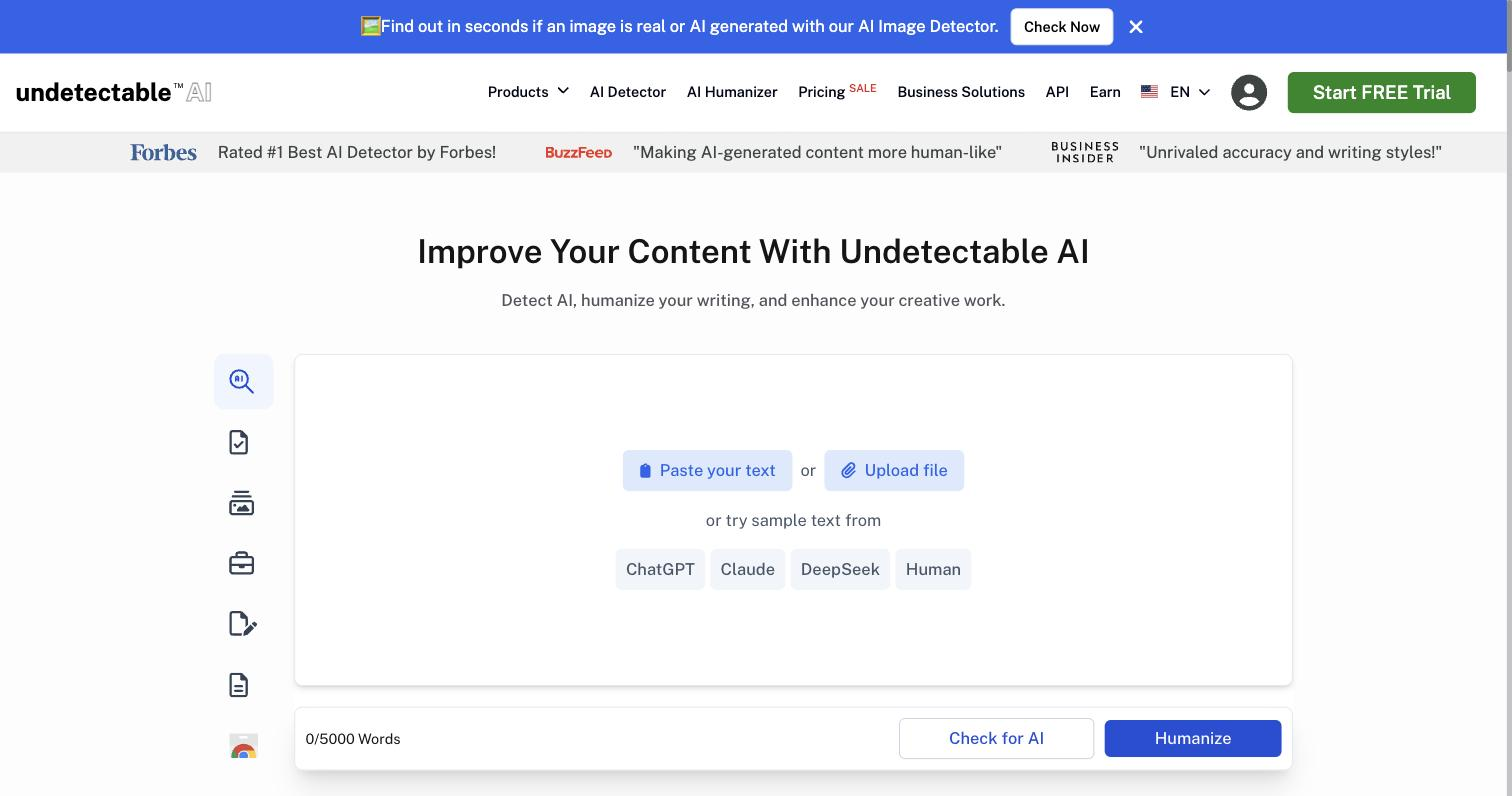 Undetectable AI web app showing a text workspace with 'Paste your text' and 'Upload file' options, sample-text buttons for ChatGPT, Claude, DeepSeek and Human, a 0/5000 word counter, and 'Check for AI' and 'Humanize' buttons.