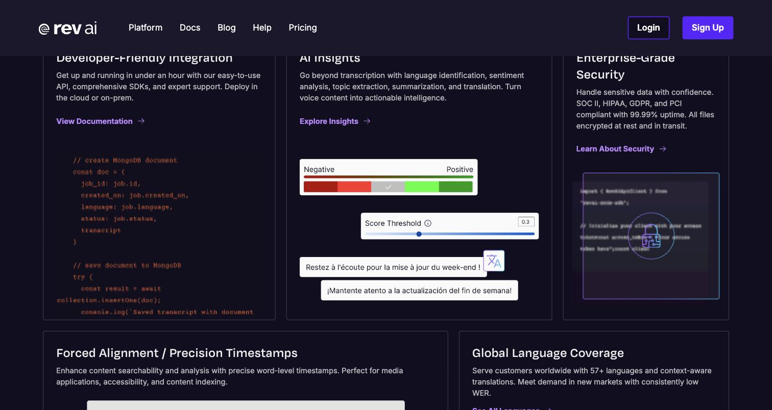 Rev AI public homepage, three-panel feature section: 'Developer-Friendly Integration' code sample (MongoDB document save), 'AI Insights' sentiment-analysis slider (Negative-to-Positive gradient with a Score Threshold control) plus translated caption bubbles in French and Spanish, and 'Enterprise-Grade Security' encryption code panel with a lock icon.