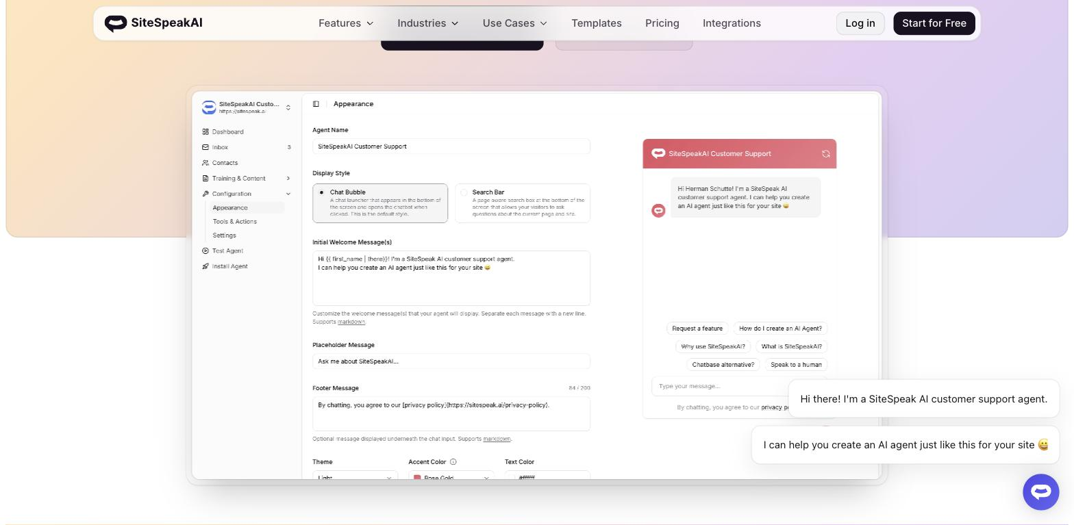 SiteSpeakAI Appearance settings panel showing agent name, display style, welcome message, placeholder text, and color fields, alongside a live preview of the chat widget.