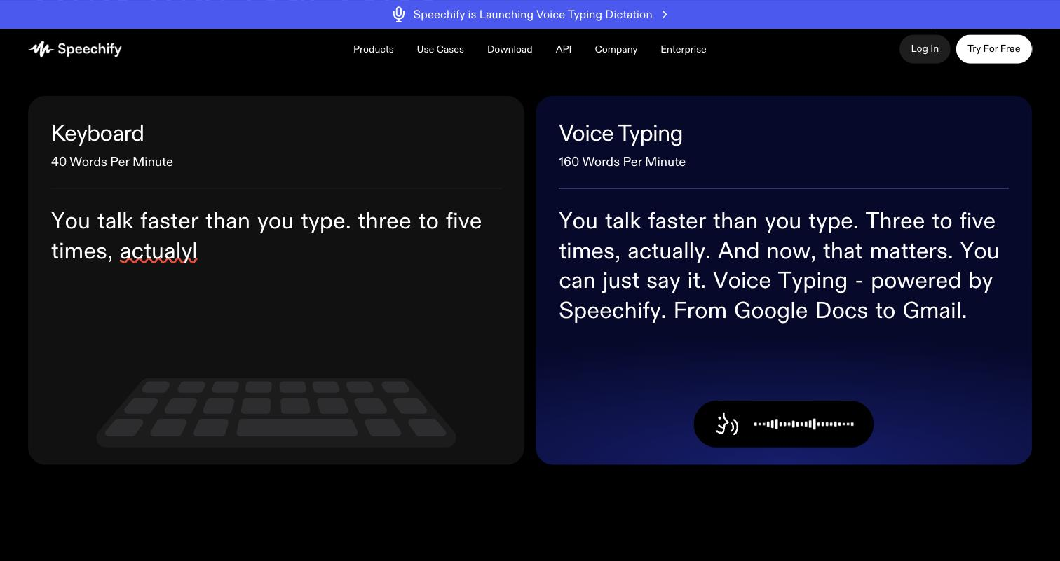 Speechify public homepage 'Voice Typing' comparison panel: side-by-side Keyboard (40 Words Per Minute, typo-ridden sample text, illustrated keyboard) vs Voice Typing (160 Words Per Minute, clean corrected sample text, audio waveform indicator).