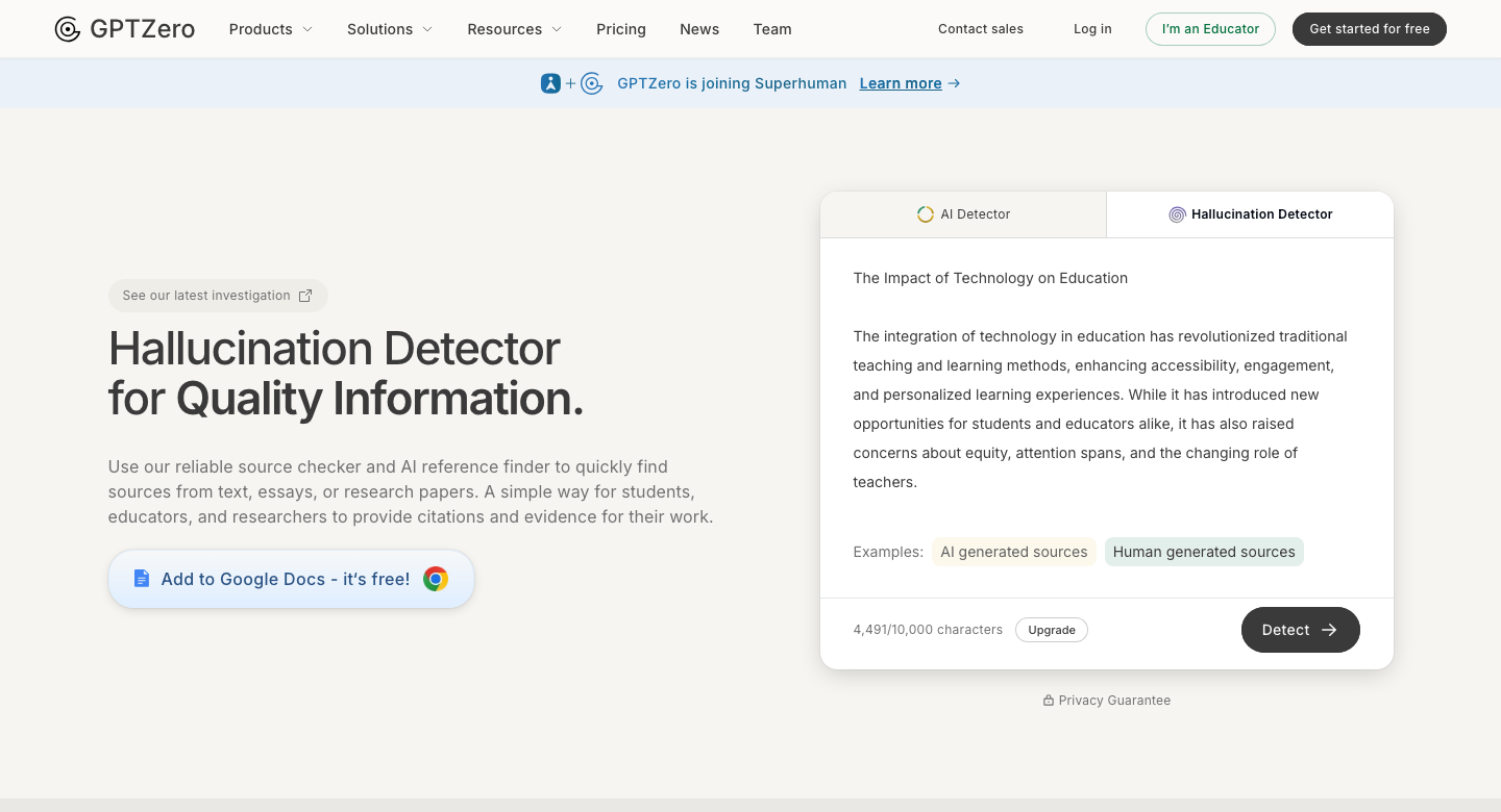 GPTZero hallucination-detector page showing the live tool interface with 'AI Detector' and 'Hallucination Detector' tabs, a pasted essay about technology in education, a character counter, and a Detect button.