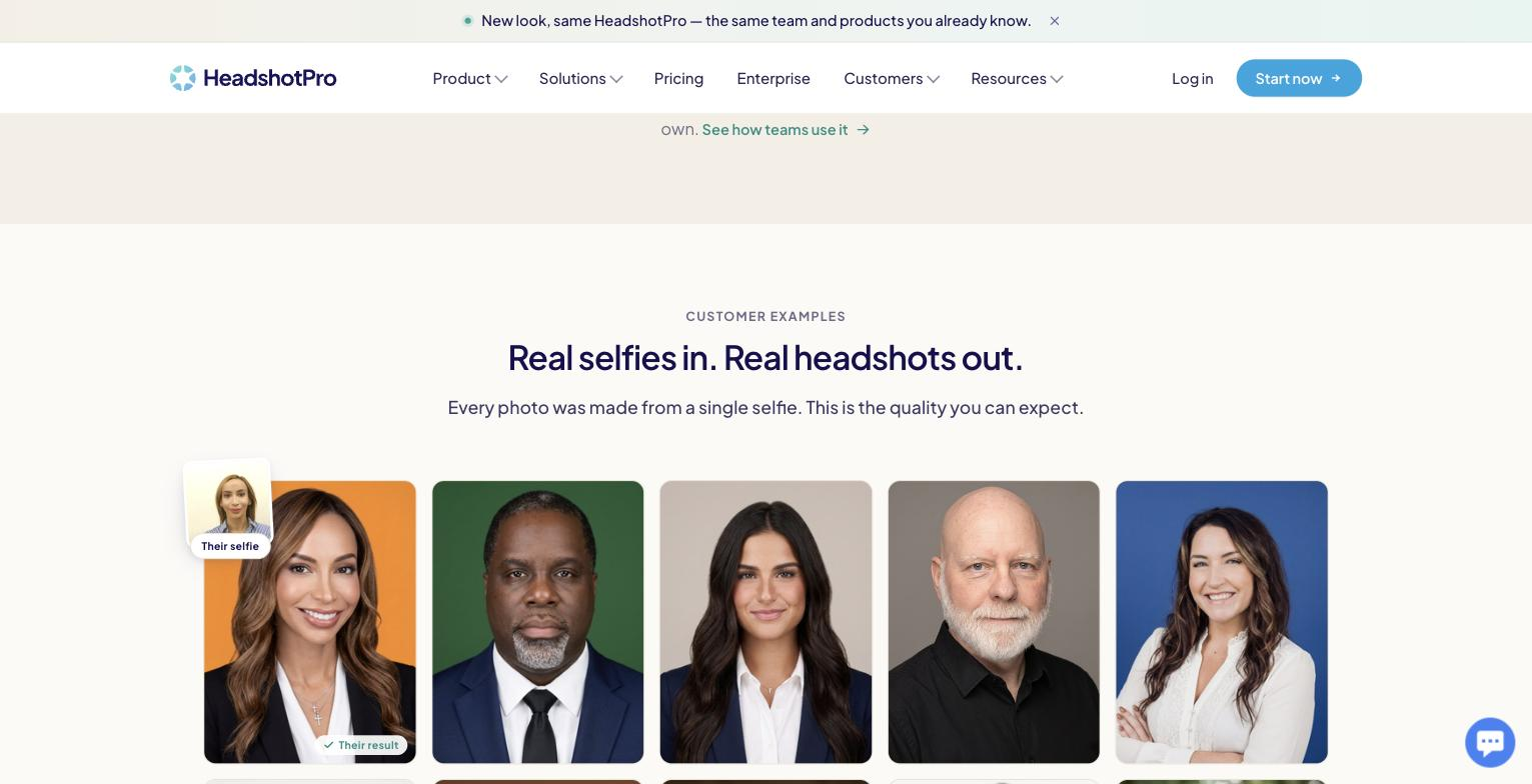 HeadshotPro before/after customer example: a labelled "Their selfie" thumbnail overlaid on a finished "Their result" professional headshot, alongside four other finished customer headshots in a row. Shows the selfie-to-headshot transformation directly, unlike production supporting-1 which is a grid of four finished AI-generated headshots with no selfie input shown.