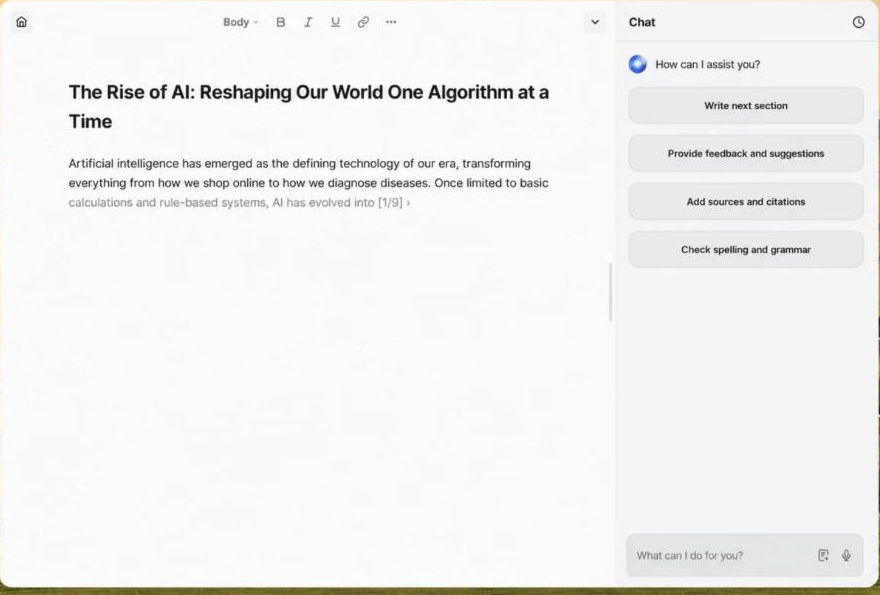 HyperWrite's document editor mockup: a left writing pane with a formatting toolbar and an article headed 'The Rise of AI: Reshaping Our World One Algorithm at a Time', beside a right 'Chat' panel prompting 'How can I assist you?' with suggestion buttons Write next section, Provide feedback and suggestions, Add sources and citations and Check spelling and grammar, and a 'What can I do for you?' input.