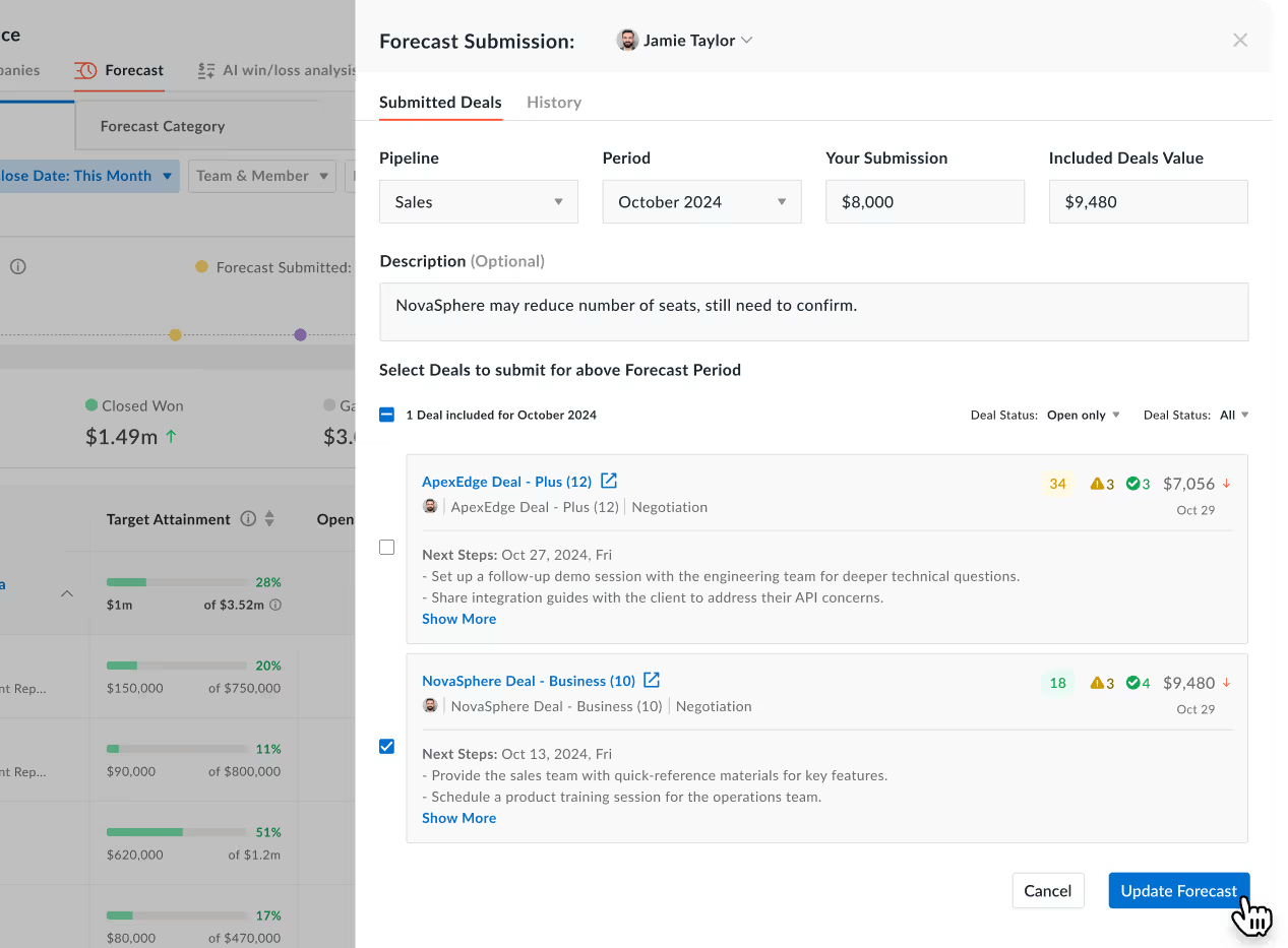 Screenshot of a 'Forecast Submission' modal listing pipeline, period, and submission value fields alongside two selectable deals with next-step notes, overlaid on a background forecast chart and target attainment table.