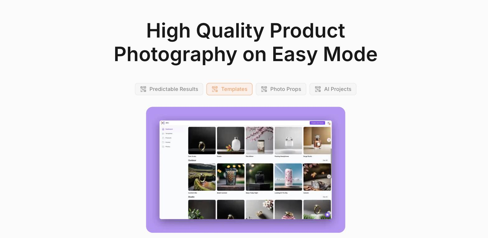 Mokker homepage features section titled 'High Quality Product Photography on Easy Mode' with tabs for Predictable Results, Templates, Photo Props, and AI Projects, showing a screenshot of the Templates dashboard with thumbnail product-photo scenes.