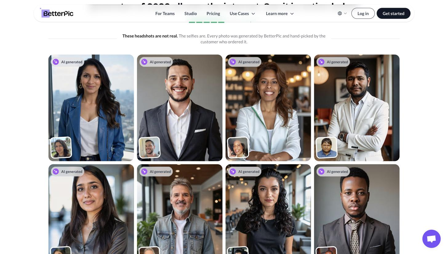 BetterPic before/after results gallery: AI-generated professional headshots each with an inset of the original selfie ('AI generated' badges), demonstrating the selfie-to-headshot output.