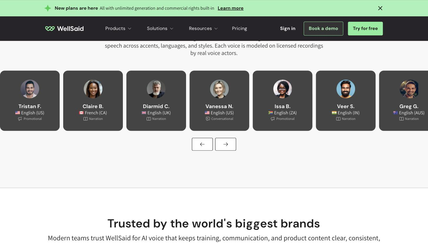WellSaid voice-library showcase: a horizontal carousel of AI voice avatar cards (Tristan F., Claire B., Diarmid C., Vanessa N., Issa B., Veer S., Greg G.) each labelled with a language and style such as Promotional, Narration or Conversational.