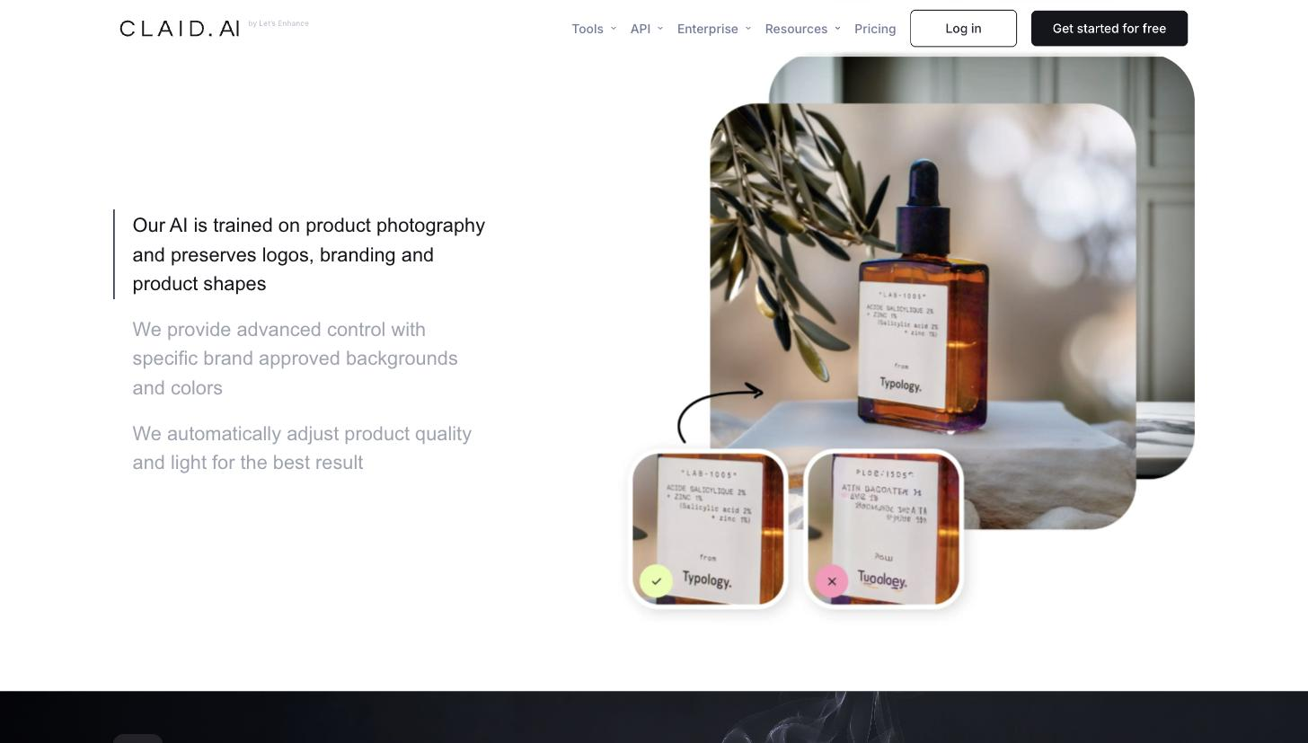 Claid.ai product-photography output with a logo/brand-preservation quality comparison: a generated Typology serum product photo plus two label crops, one marked correct (legible 'Typology' label) and one marked incorrect (distorted label).
