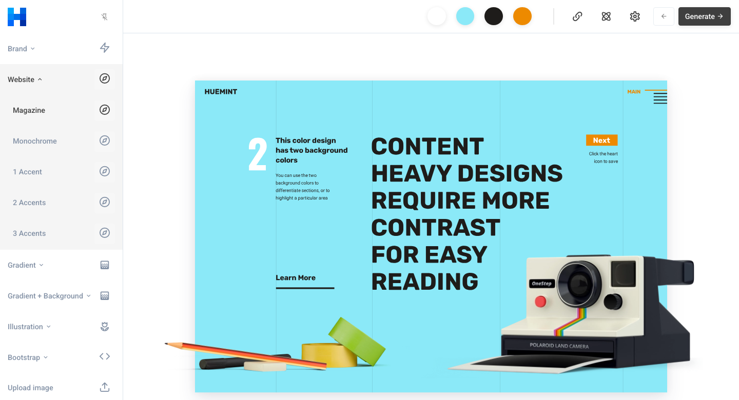 Screenshot of the Huemint color palette generator with a left sidebar listing template categories (Website, Magazine, Monochrome, Gradient, Bootstrap, Illustration), color swatches at top, and a cyan magazine-layout mockup preview featuring a Polaroid camera image.