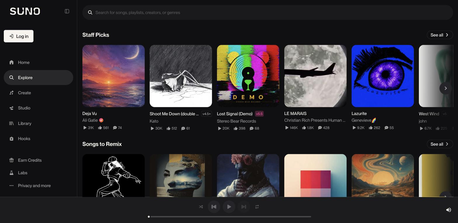 Suno app Explore page showing a search bar, left sidebar navigation, and a 'Staff Picks' row of song thumbnails with titles, artists, play counts, and like/comment counts.
