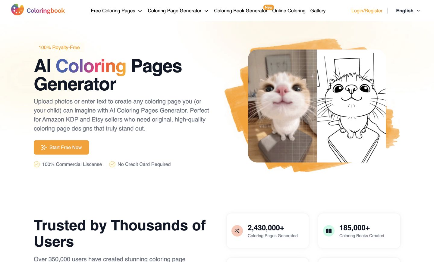 ColoringBook.ai homepage with its logo and navigation beside the headline 'AI Coloring Pages Generator' and a cat photo-to-line-art example.