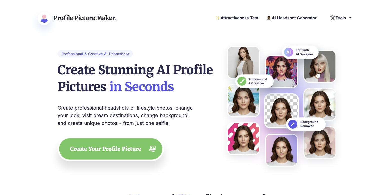 PFPMaker homepage hero 'Create Stunning AI Profile Pictures in Seconds' beside a collage of AI-generated headshots of one person in professional and creative styles, with callouts for 'Edit with AI Designer', 'Professional & Creative' and 'Background Remover'