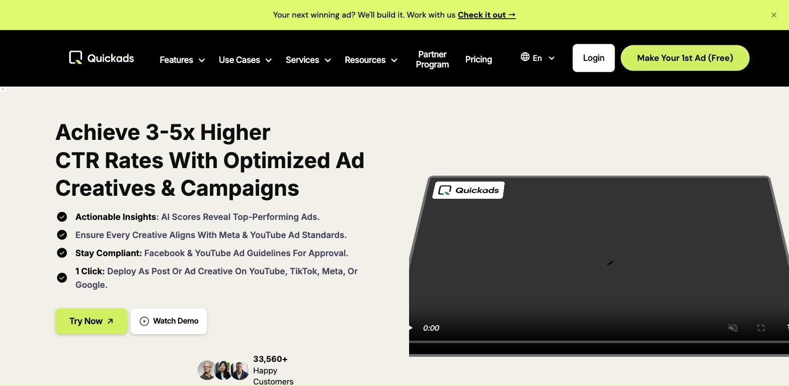 Quickads ad-optimizer feature page showing the headline 'Achieve 3-5x Higher CTR Rates With Optimized Ad Creatives & Campaigns', a bullet list of capabilities, Try Now and Watch Demo buttons, and an embedded video player with the Quickads logo.