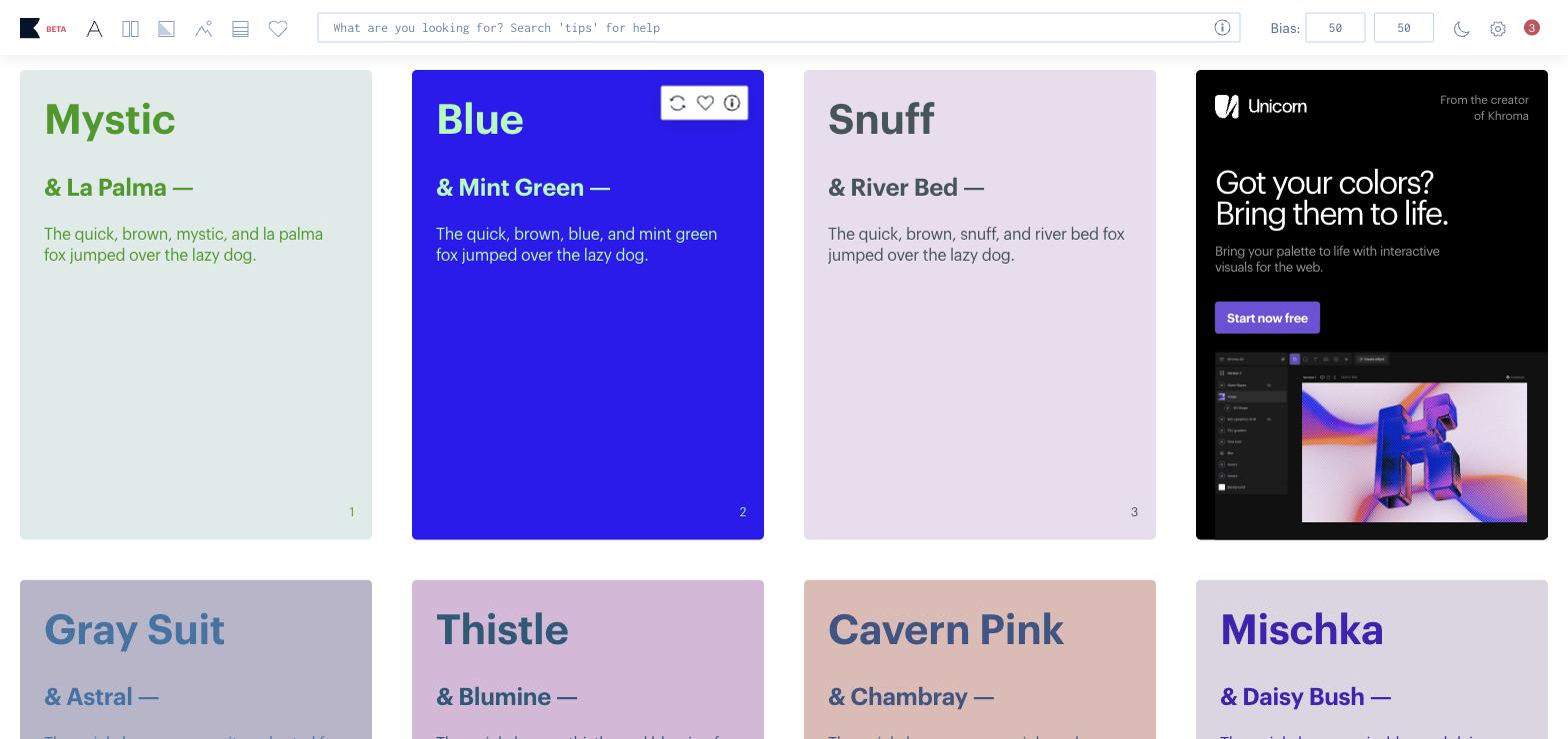 Khroma color generator results grid showing multiple AI-generated two-color palette cards (e.g., Mystic, Blue, Snuff, Gray Suit) each with sample text, plus a promotional banner for a companion tool called Unicorn.
