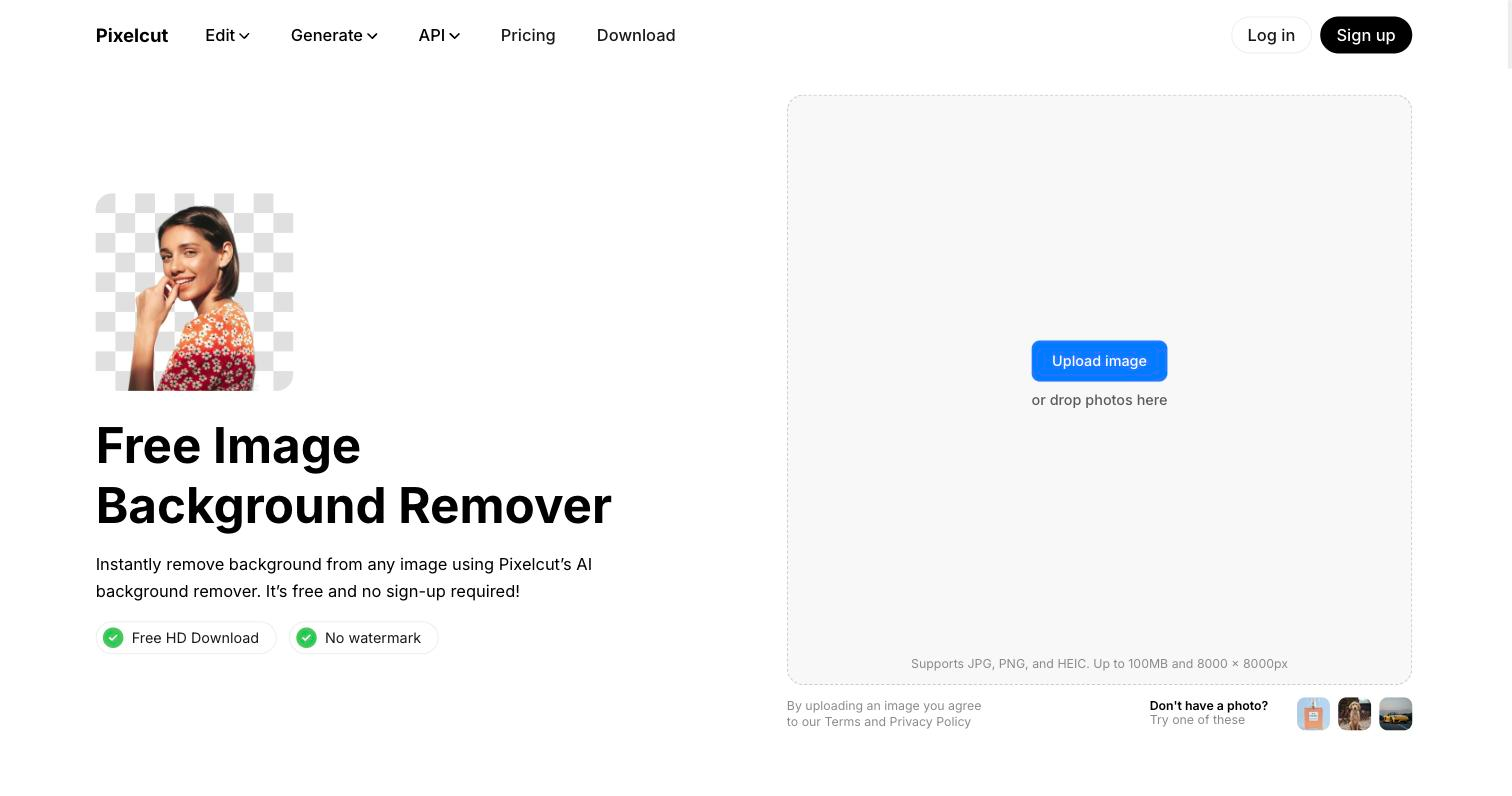 Pixelcut Free Image Background Remover page showing a sample photo of a person with the background removed to a transparent checkerboard on the left, and an 'Upload image / drop photos here' panel on the right.