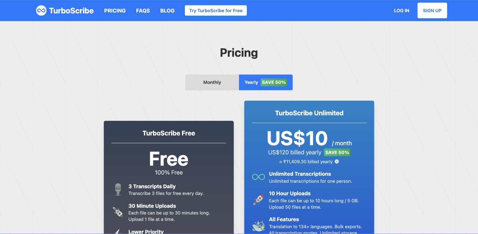 TurboScribe pricing page comparing the free plan (3 transcripts daily, 30-minute uploads) with the TurboScribe Unlimited plan at US$10/month (unlimited transcriptions, 10-hour uploads, all features).