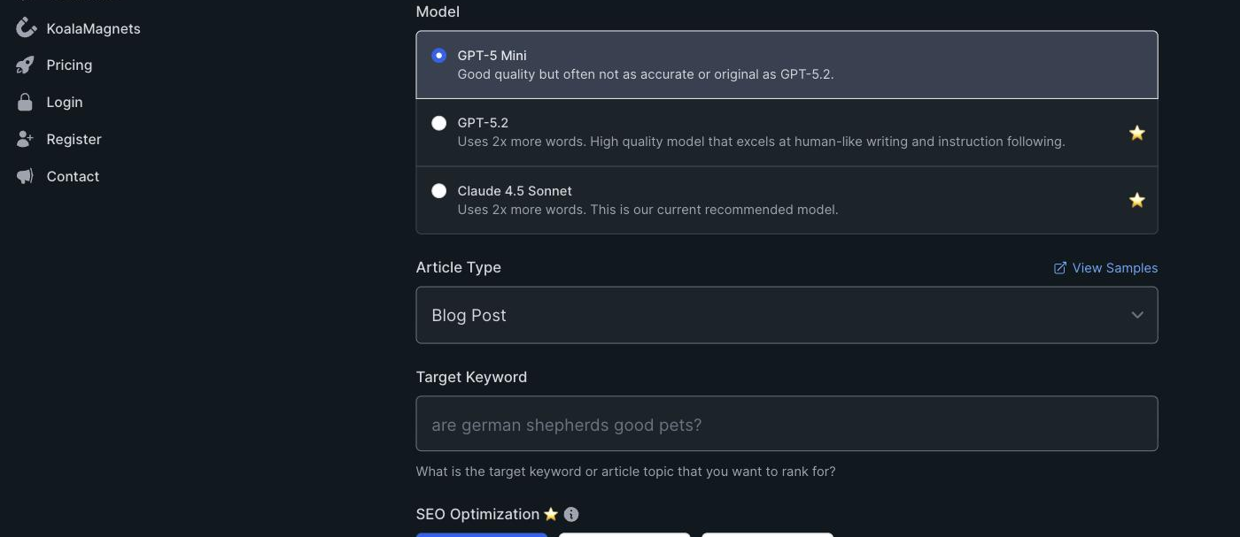 KoalaWriter's live article-creation form with a left Koala sidebar (Home, KoalaChat, KoalaWriter, KoalaImages, KoalaLinks, KoalaMagnets): a Model selector offering GPT-5 Mini, GPT-5.2 and Claude 4.5 Sonnet, an Article Type dropdown set to 'Blog Post', and a Target Keyword field prompting 'are german shepherds good pets?'.